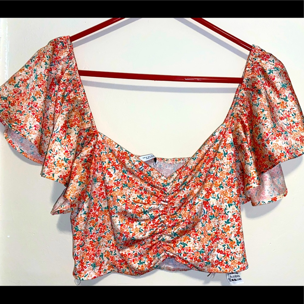 Pink flowery, strapless shoulder, Zara top